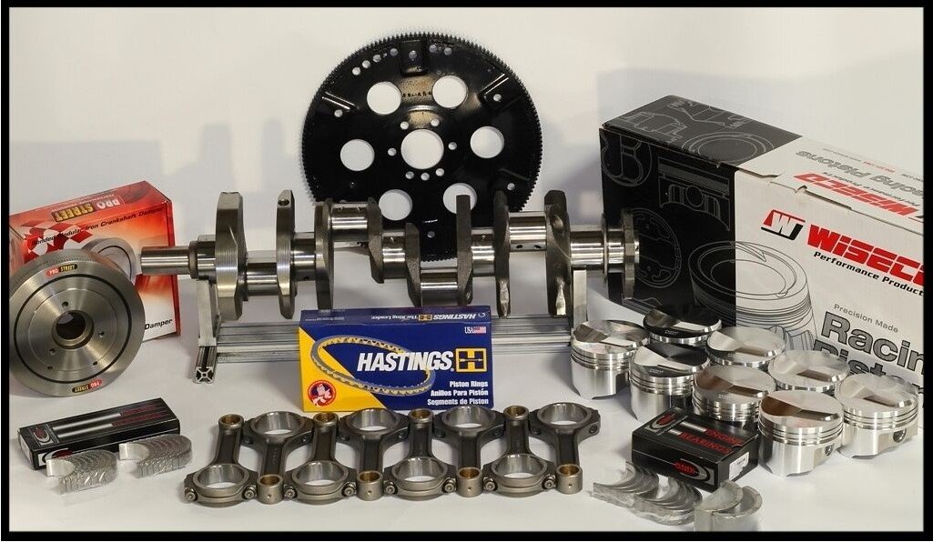 SBC CHEVY 434 ASSEMBLY SCAT & WISECO -19.5cc Dh. 4.155 PISTONS 2PC RMS-350 MAINS, MANLEY CRANK