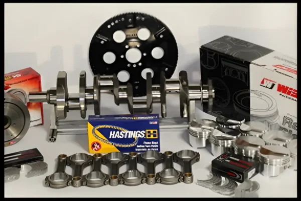 Engine rebuild kit with crankshaft and pistons.