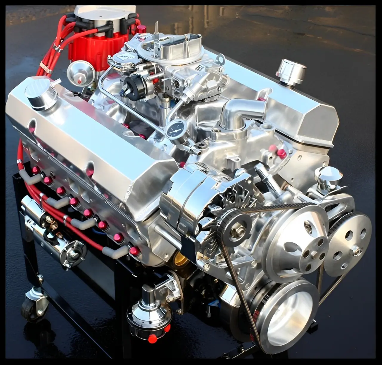 Custom polished aluminum big-block engine.